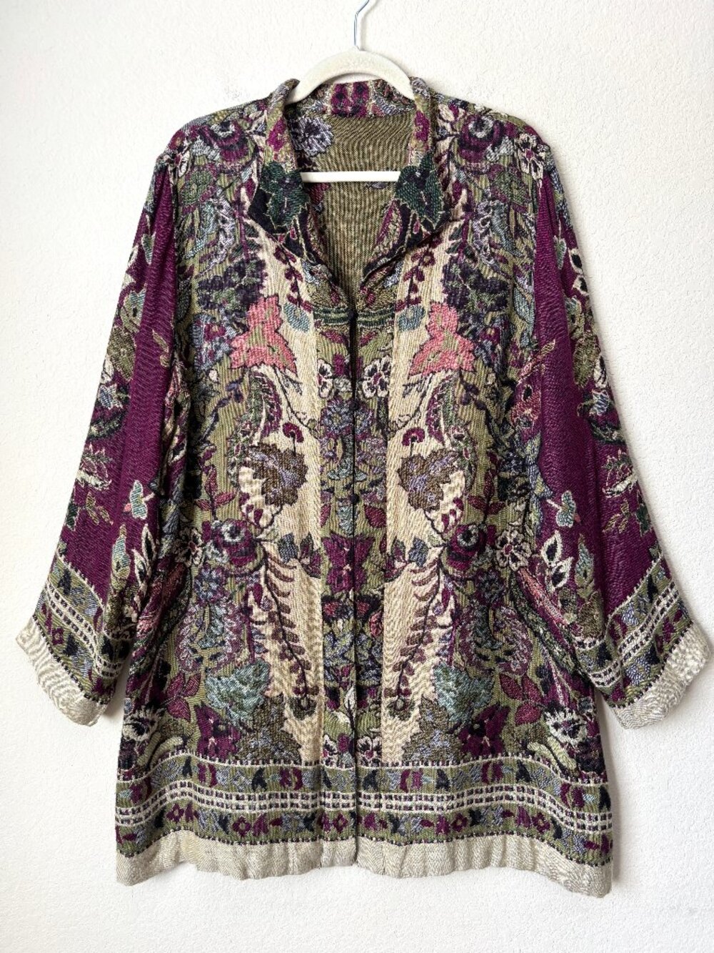 Travel Smith Boho Print Gauzy Tapestry Button Up Longline Shirt Top
